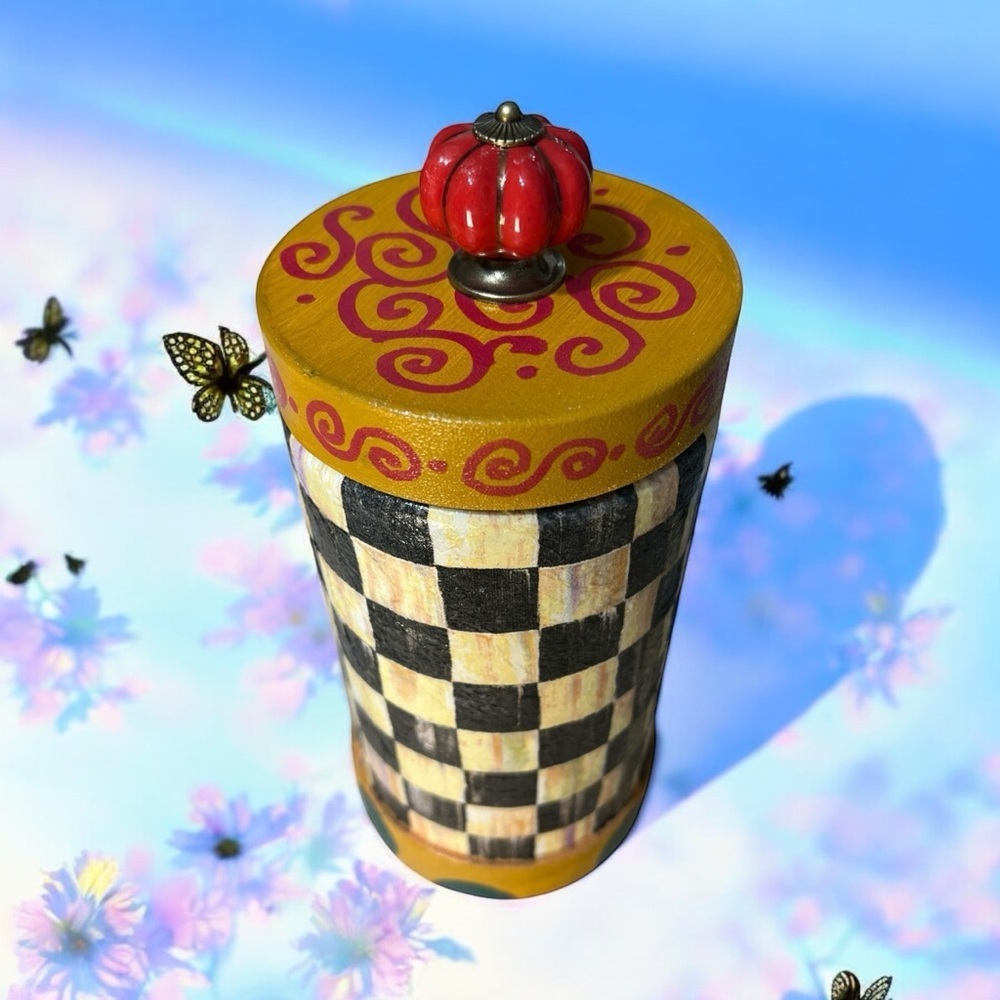 Colorful Checkered Decorative Keepsake trinket Art Jar. Makenzie Child Inspired. - Picture 7 of 7